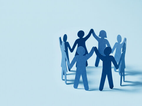 A circle of blue paper cut-out figures holding hands, symbolizing unity and community.