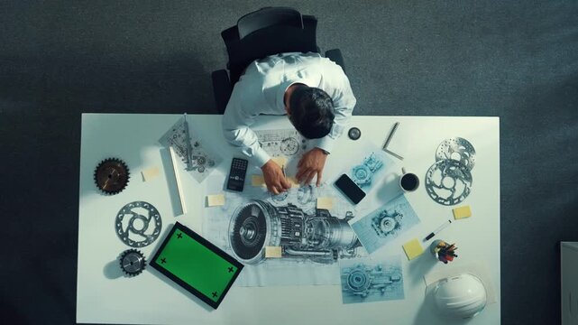 Top down view of skilled engineer writing and planning turbine engine design while sitting at meeting table with gear and electronic generator scatter around. Technician taking a note. Alimentation.