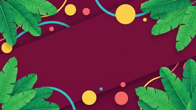 Tropical banana leaves frame moving on dark red background with colorful geometric circles for bright summer event video animation footage