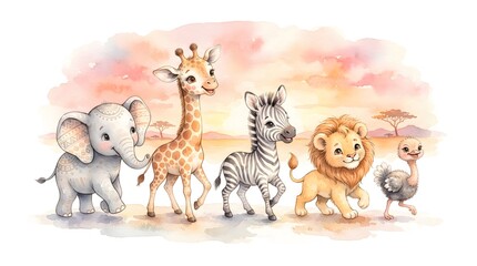 Obraz premium A warm watercolor illustration of baby safari animals gathered together with a sunset background, creating a cozy and natural scene.