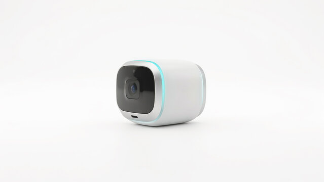 Modern compact wireless security camera with circular lens and illuminated ring on transparent background