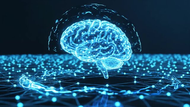 artificial intelligence brain hovering over digital neural network grid for machine learning concept