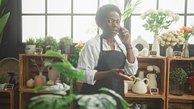 Woman florist in apron holding smartphone to ear and pointing at potted orchid in studio; concerned owner.