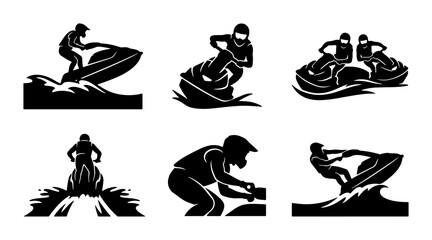 Fototapeta premium Jet Ski Silhouettes, Water Sports Action Icons, Personal Watercraft Vector Graphics