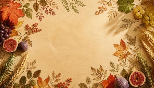 Autumn Harvest Border: A decorative border of fall foliage, ripe grapes, figs, and wheat stalks frames a blank parchment-like background, evoking the bounty and warmth of the autumn season.