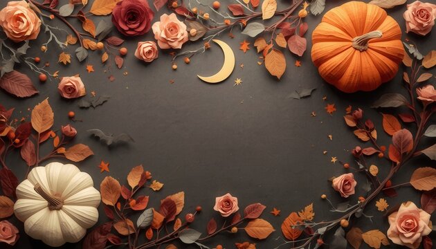 Autumnal Wreath with Moon: A festive arrangement of pumpkins, roses, and fallen leaves forms a decorative wreath, with a crescent moon accenting the center, evoking a cozy autumn spirit.