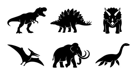 Dinosaur Icons Set, Prehistoric Animals Vector Graphics, Ancient Creatures Silhouette Collection © Aditya