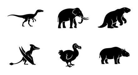 Extinct Animals Silhouette Icons: Dinosaur, Mammoth, Dodo, Pterodactyl, Hippo, Glyptodon © Aditya