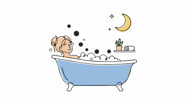 Woman relaxing in bubble bath at night with moon and stars, flat design illustration
