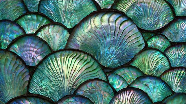 Precisely cut thin slices of iridescent abalone shell showcasing vibrant, shimmering oceanic textures in a decorative, natural pattern.