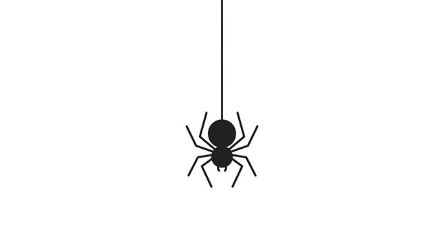 A minimalist black cartoon spider hangs suspended from a thin thread against a clean white background, creating a simple and isolated graphic.