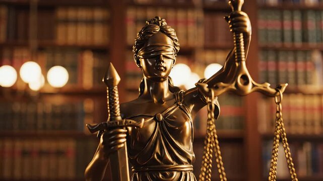 bronze lady justice statue with scales of justice and sword in vintage law library for legal concept