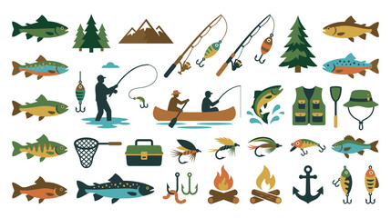 Flat fishing vector elements collection on white background for design. © abedin