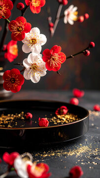 鮮やかな赤と白の梅の花が枝先に咲き誇り黒い漆塗りの器に花びらが散る和の情景　上部に空間を大きく確保した文字入れに最適なレイアウトで高級感のある落ち着いた和風の背景素材　新年のお祝いやお正月飾り、季節の挨拶状、和食店のメニュー表、案内チラシ、SNSのバナー、ポスターの背景に使えるデザイン