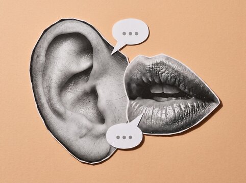 Surreal Paper Collage of Human Ear and Lips Representing Communication and Gossip Concept