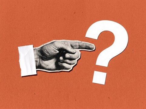 Vintage Hand Pointing at Question Mark Paper Cutout Collage on Orange Background