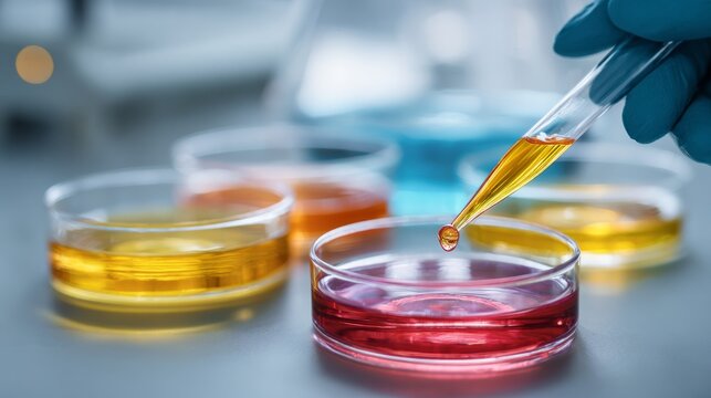 Scientist conducting laboratory experiment with pipette, petri dish and liquid chemical solution for medical research, chemistry testing, scientific analysis, biotechnology study and pharmaceutical de