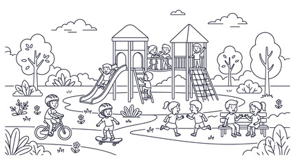 Fototapeta premium Kids playing in playground park vector illustration outline design.