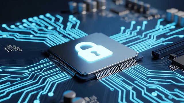 cybersecurity microchip with glowing padlock icon on printed circuit board representing hardware data encryption
