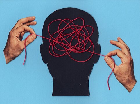 Mental Health Concept Untangling Thoughts with Red String Collage Illustration