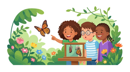 Naklejka premium Children Observe Butterfly Metamorphosis