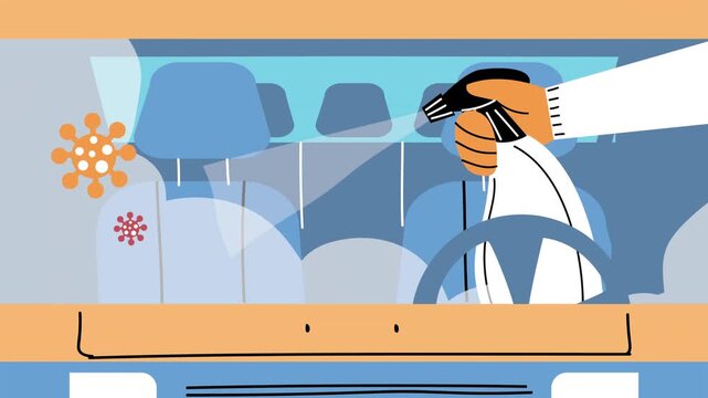 A motion graphic showing a hand sanitizing car interior with disinfectant spray to eliminate virus particles, depicting hygiene and safety measures.