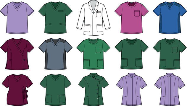 Medical Scrubs Tops and Lab Coat Vector Technical Flat Sketch Set with Diverse Hospital Uniform Apparel Templates for Healthcare Tech Pack Mockups