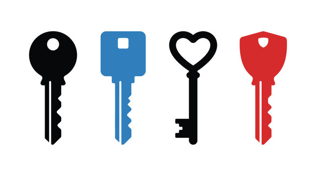 Four keys in different styles and colors presented as silhouettes