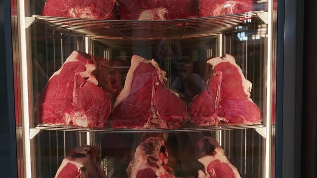Close up shot of premium dry aged T-bone beef steaks inside glass display fridge at butcher shop.