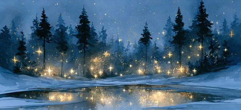 Watercolor pine forest under midnight sky, stars glowing on snow drifts, gold wash over dark blue trees, low horizon leaves wide space above for text