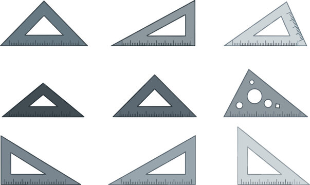 Monochrome Set Square Vector Kit Featuring Grey Geometric Triangles Technical Drafting Rulers and Drawing Template Stencils Isolated on White Background