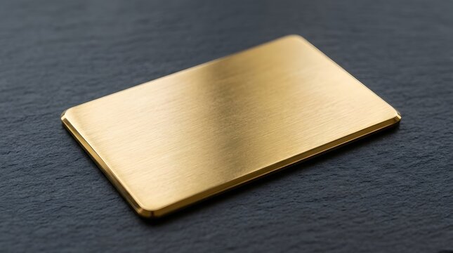 Blank gold metal business card on dark textured slate surface
