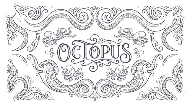 Vintage octopus decorative emblem with intricate tentacle border.