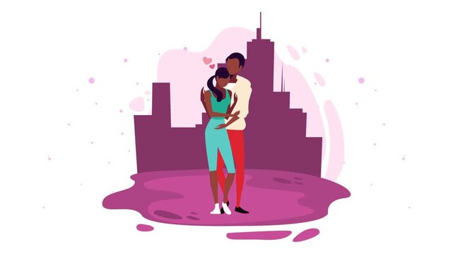 Couple hugging romantically with hearts above city skyline, dynamic motion background footage.