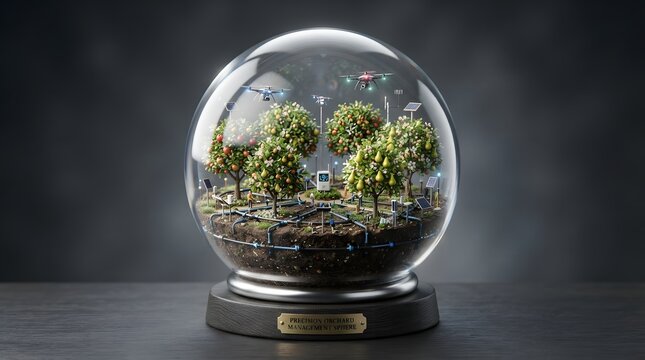 Miniature futuristic orchard with drones inside a glass globe