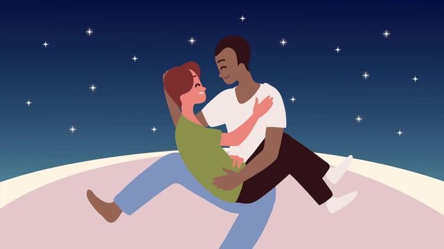 Couple dancing romantically under starry night sky, love and togetherness depicted in animated motion.