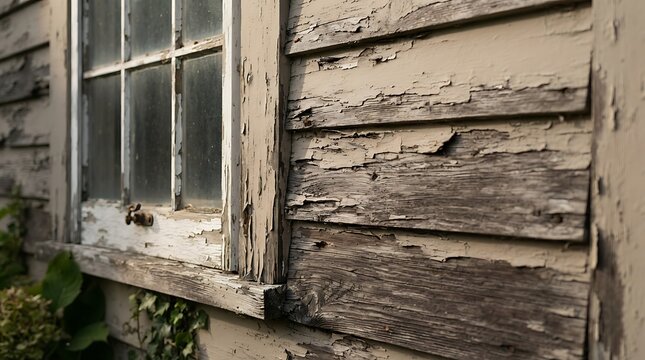 A fixer upper home showcasing peeling paint on old wooden siding and a vintage multi-pane window in need of repair