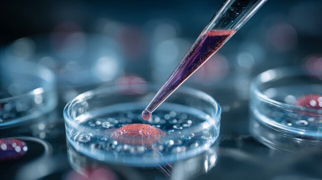 Scientist conducting chemical experiment with pipette and petri dish containing liquid solution in laboratory, medical research and chemistry study, scientific testing, biotechnology, healthcare analy