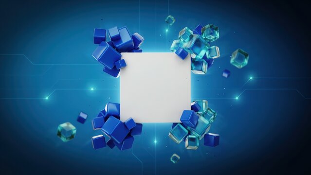 Abstract background, featuring a central, white square frame, surrounded by floating, blue and transparent, glass cubes on, a dark digital, circuit board