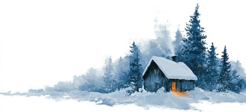 Holiday trees shimmer around cozy watercolor cabin in snowy woods, warm light spilling onto snow, minimalist sky offers clear text placement area