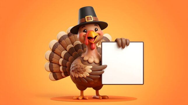 Cute cartoon Thanksgiving turkey in pilgrim hat holding blank sign board for message, isolated on orange background