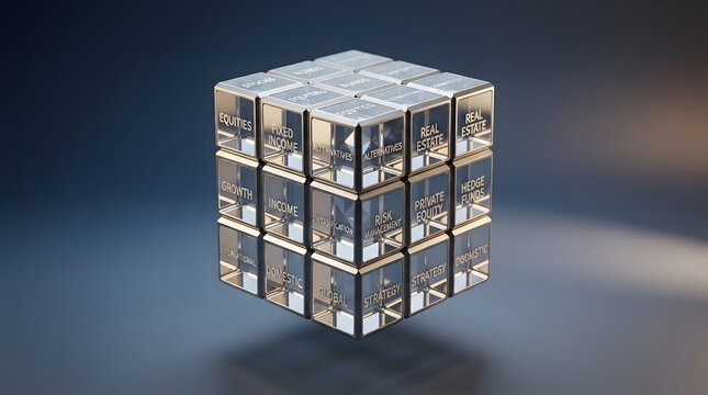 Financial investment puzzle cube showing diversified asset strategies