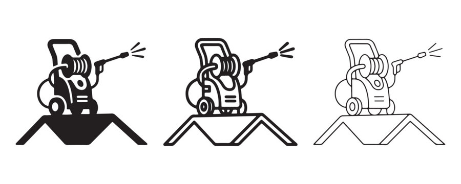 Set of high pressure washer icons showing cleaning equipment on a roof featuring flat solid and outline vector graphic design styles