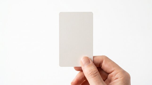 Hand holding a white card with rounded corners against a white background.