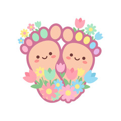 Fototapeta premium Cute cartoon baby footprints with flowers and happy faces.