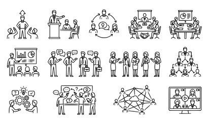 Fototapeta premium Business Team Leadership Meeting and Web Conference Thin Line Vector Icons