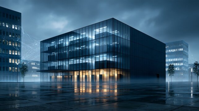 AI data center infrastructure concept, massive high performance computing facility with glowing server halls, digital network visualization connecting surrounding buildings, dramatic evening