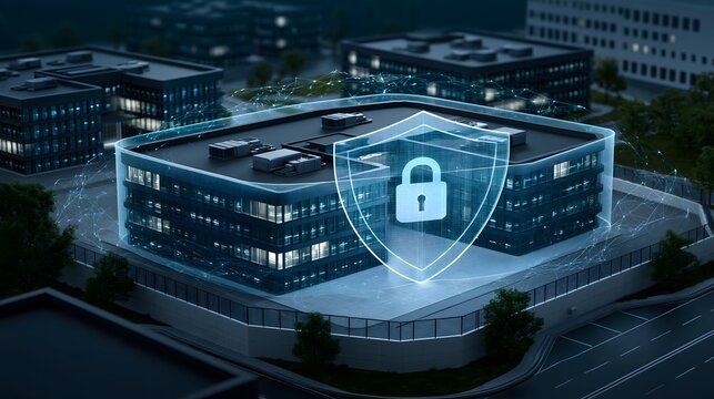 cybersecurity infrastructure concept, secure data center facility protected by a translucent digital shield, glowing network connections surrounding server buildings, nighttime environment,