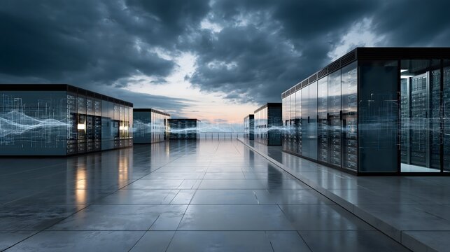 high performance computing facility, futuristic data center campus with powerful server infrastructure, digital energy flows and abstract computational visualization, dramatic twilight sky, realistic