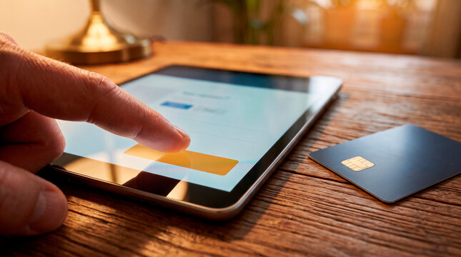 Finger touching tablet screen next to credit card for online payment